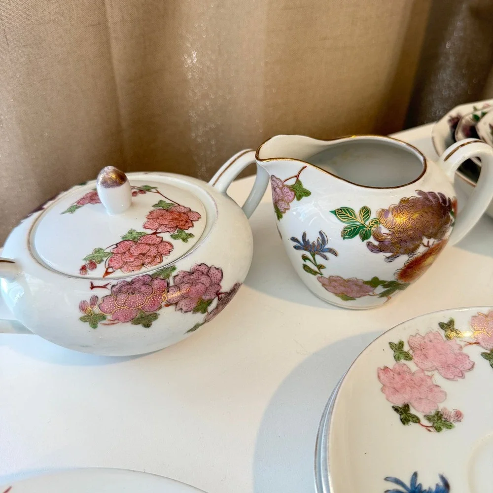 Vintage Japanese Kutani Porcelain Tea Set Floral Chrysanthemum Gold Gilt